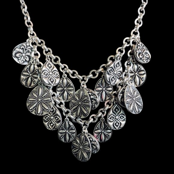 Reversible Statement Necklace Chunky Pink Crystal Boho Silver Coin Layered Y2K - Picture 3 of 10